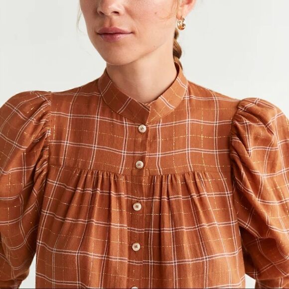 MANGO ORGANIC COTTON BLOUSE BROWN TAN CHECK PRINT GOLD METALLIC THREAD NWT SMALL - Picture 4 of 16